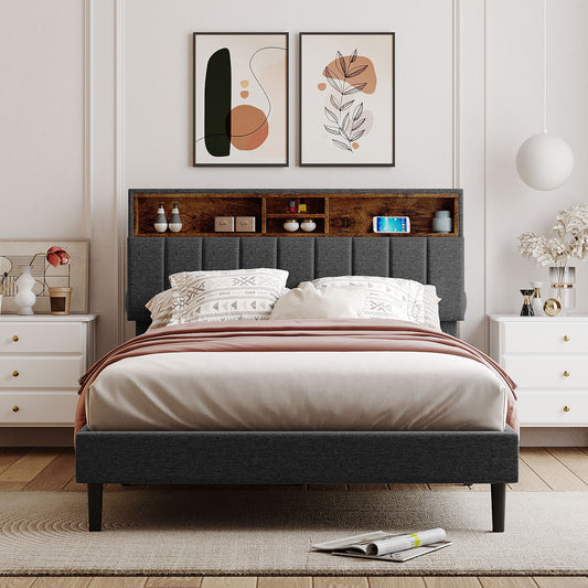 Full Size Upholstered Platform Bed with Storage Headboard (with USB Ports)