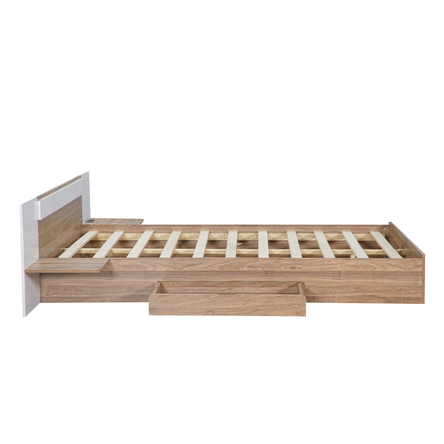 Cama Queen Size con plataforma, cabecero, cajones, estantes, puertos USB y enchufes, color natural