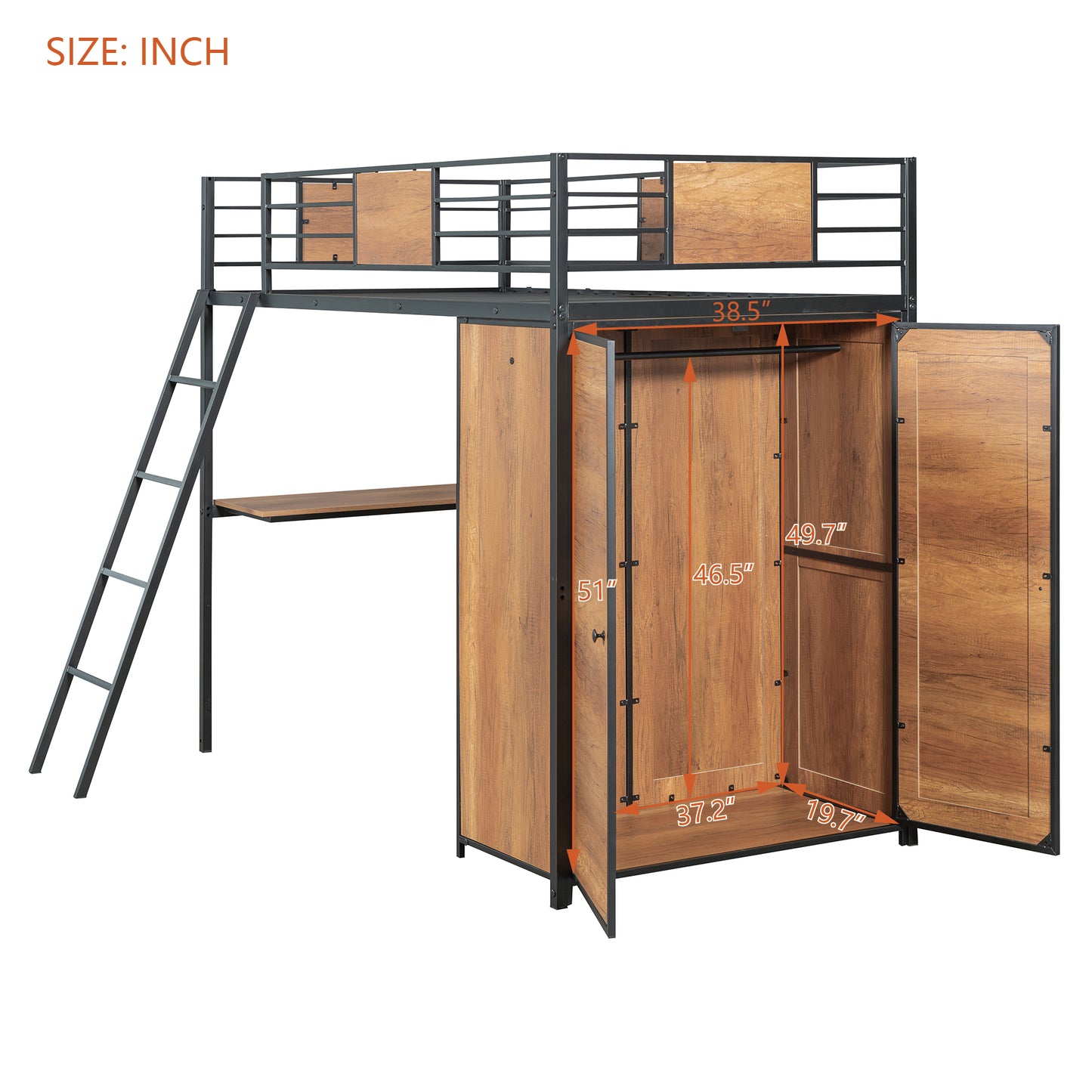 Lit double loft avec bureau en forme de L et garde-robe, noir