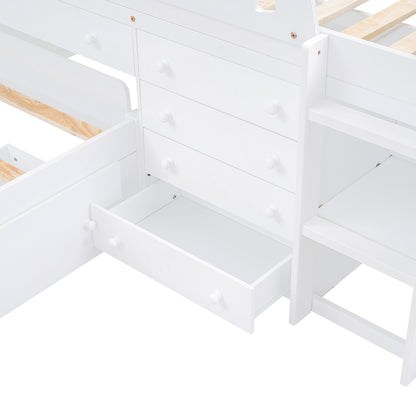 L-shaped double loft bed with 7 drawers and full guardrails.