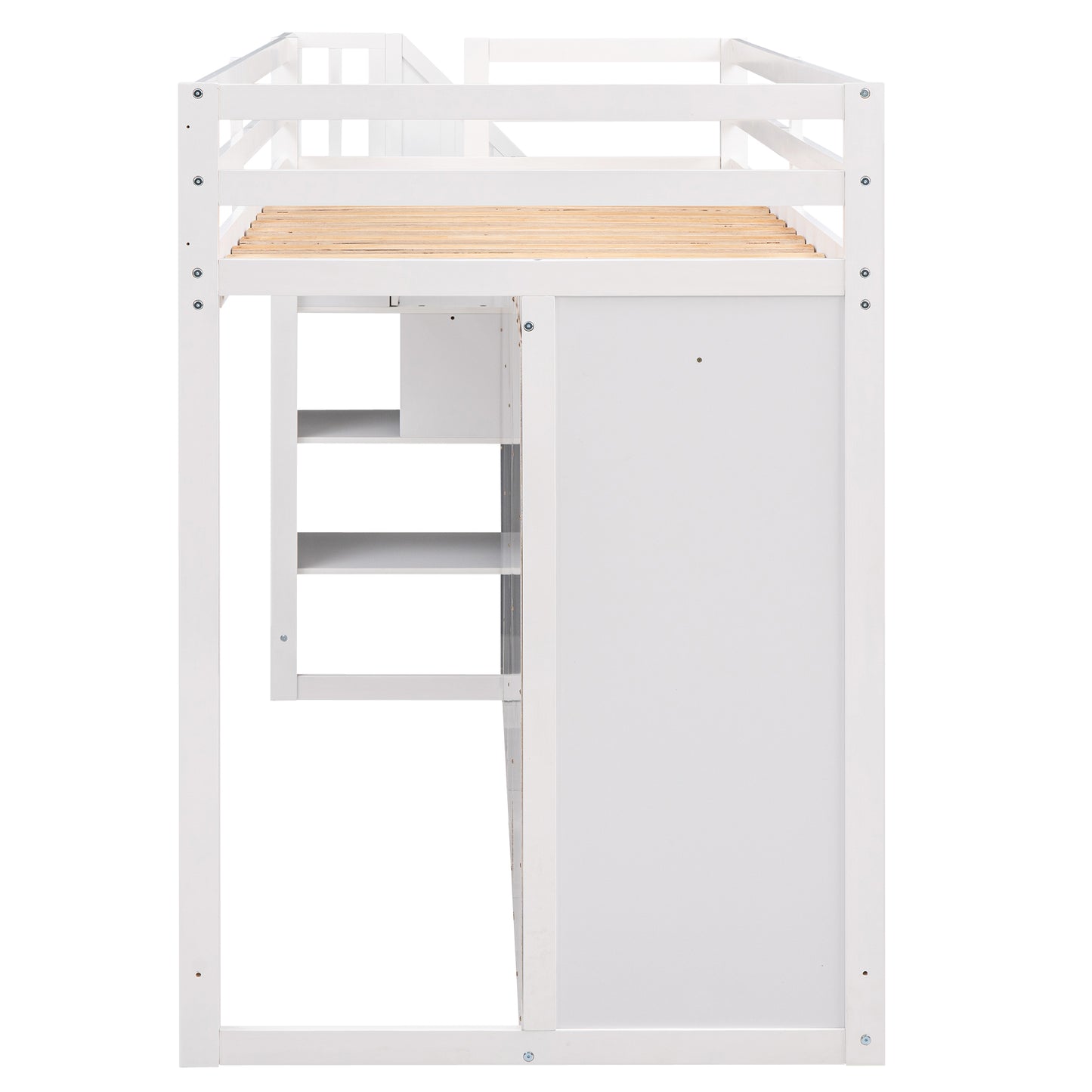 Functional loft bed with 3 shelves, 2 wardrobes and 2 drawers, ladder with storage.