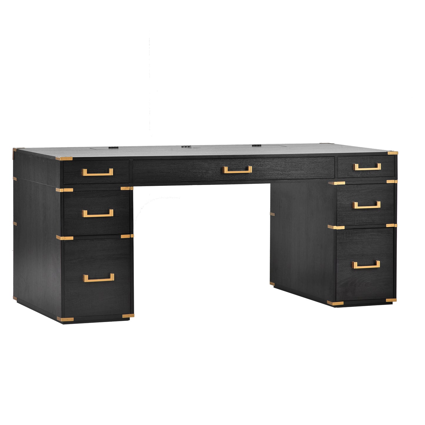 Classic and traditional 70 inch executive desk with metal trim.