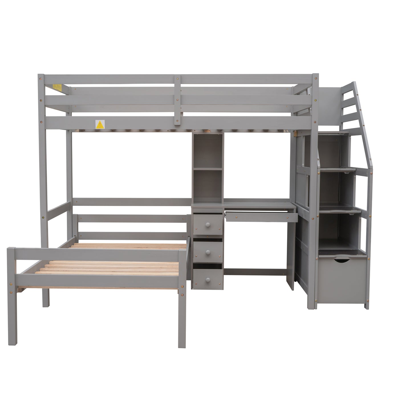 Double loft bed with freestanding bed, storage staircase + desk.