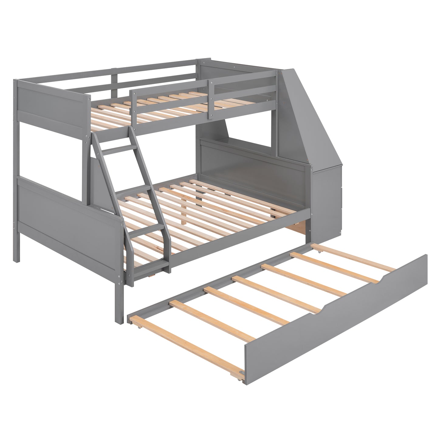 Double bed over full bunk bed with built-in tronde and desk, three storage drawers.