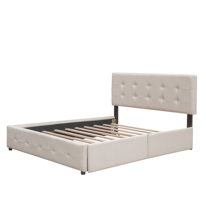 Upholstered Platform Bed with 2 Drawers and 1 Trundle Bed Single XL in Queen Size Linen Fabric - Dark Beige