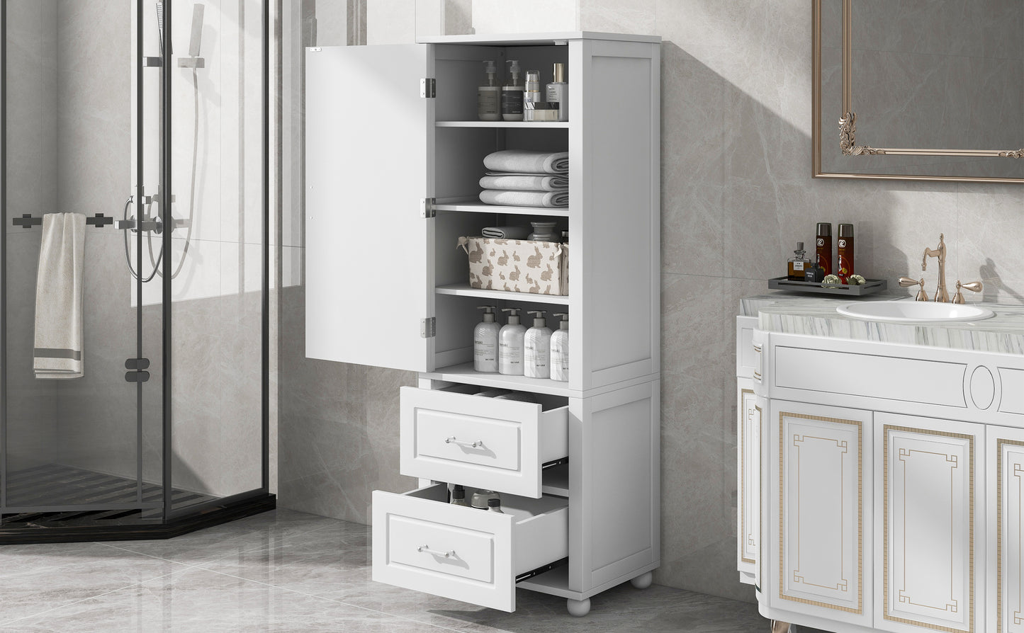 Large bathroom storage cabinet.