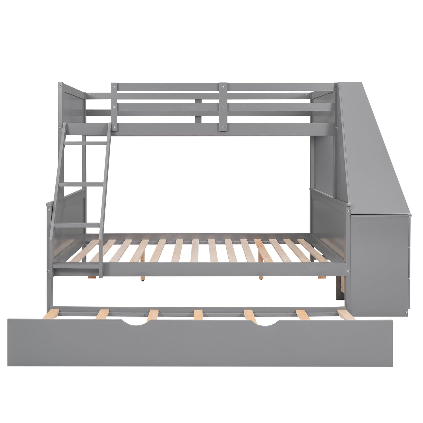 Double bed over full bunk bed with built-in tronde and desk, three storage drawers.