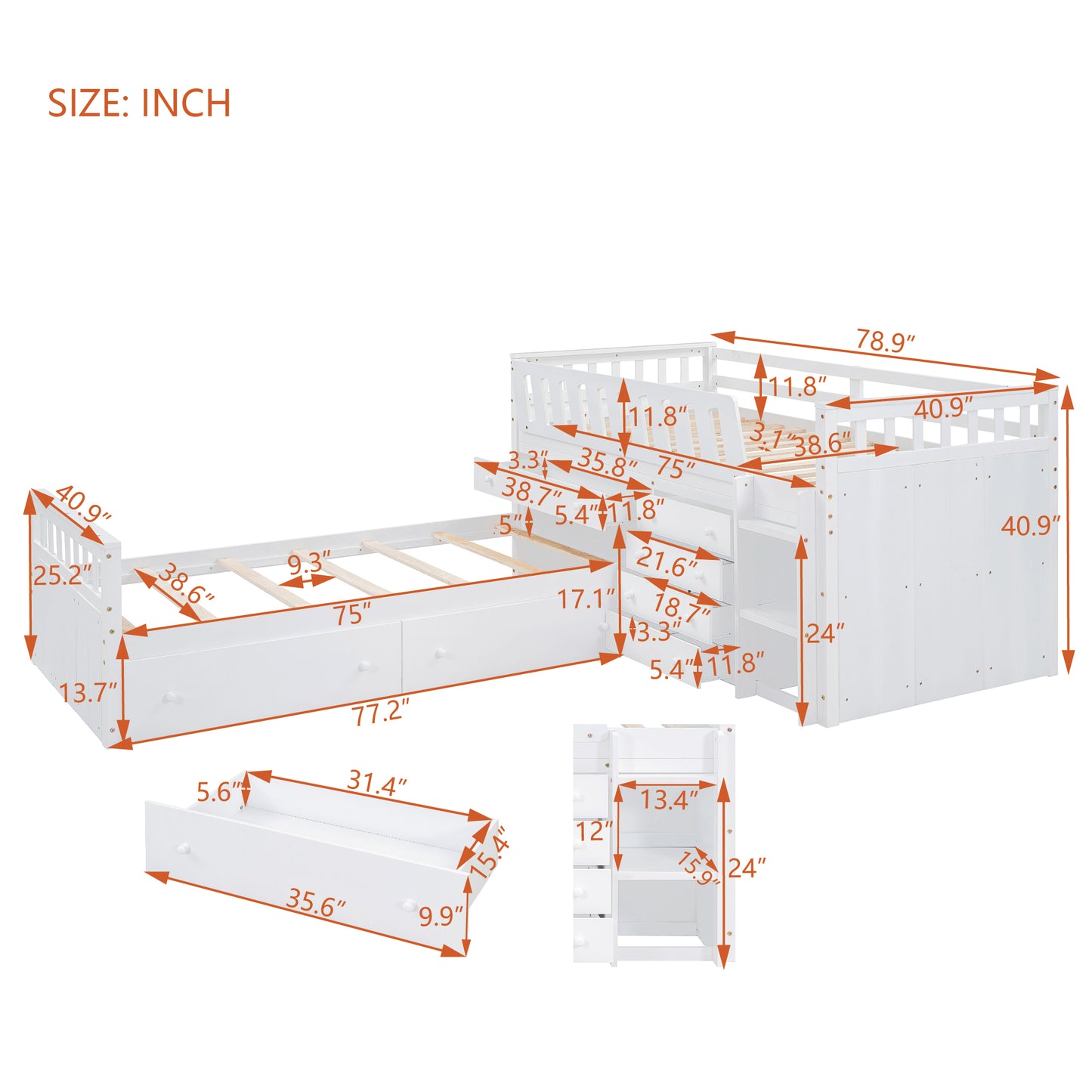 L-shaped double loft bed with 7 drawers and full guardrails.