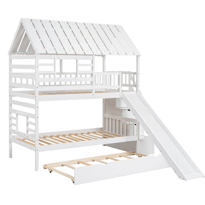 Twin House bunk bed with trundle bed and pull-out storage stairs.