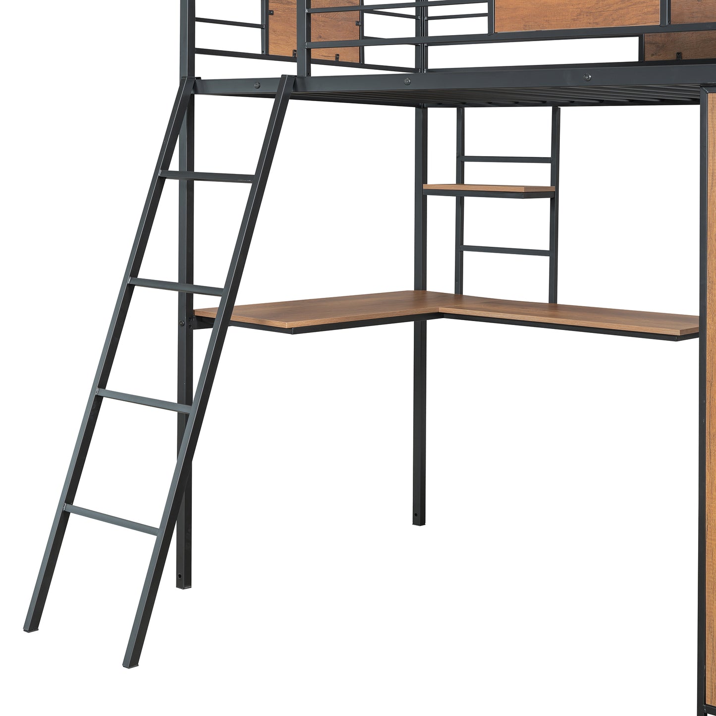 Lit double loft avec bureau en forme de L et garde-robe, noir