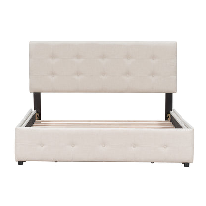 Upholstered platform bed with classic headboard and 4 drawers.