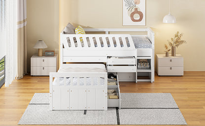 L-shaped double loft bed with 7 drawers and full guardrails.