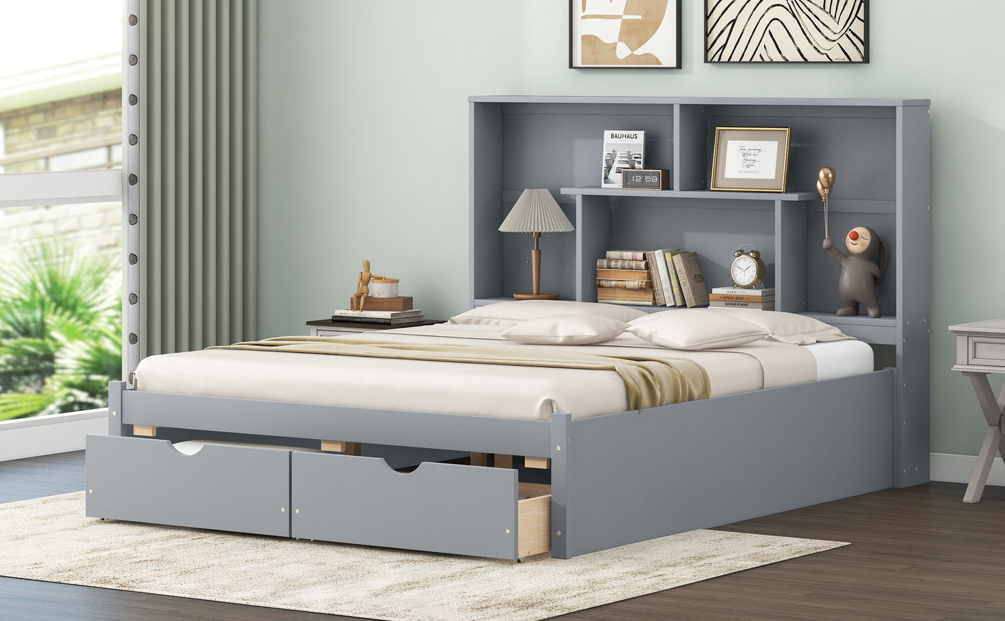 Queen Size Platform Bed with Storage Headboard and 2 Drawers