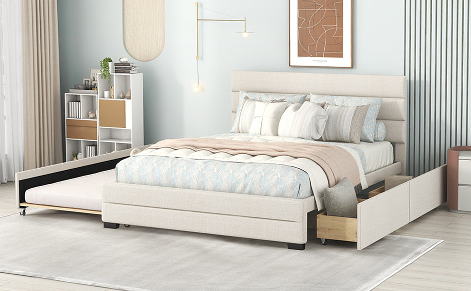 Cama Queen tapizada con plataforma, cama nido doble y dos cajones en color beige