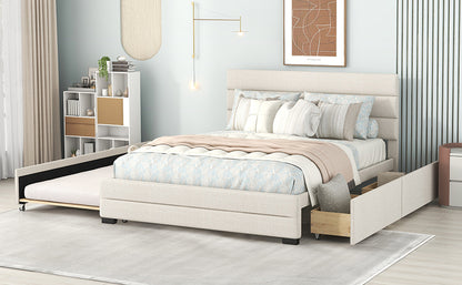 Queen Upholstered Platform Bed with Twin Trundle and Two Drawers Beige