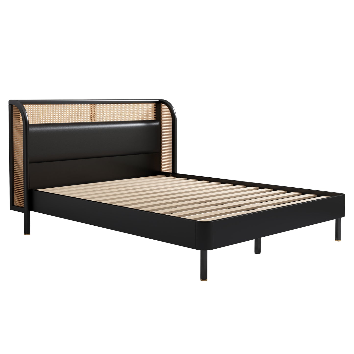 Moderna cama tamaño queen con plataforma de madera de ratán color negro