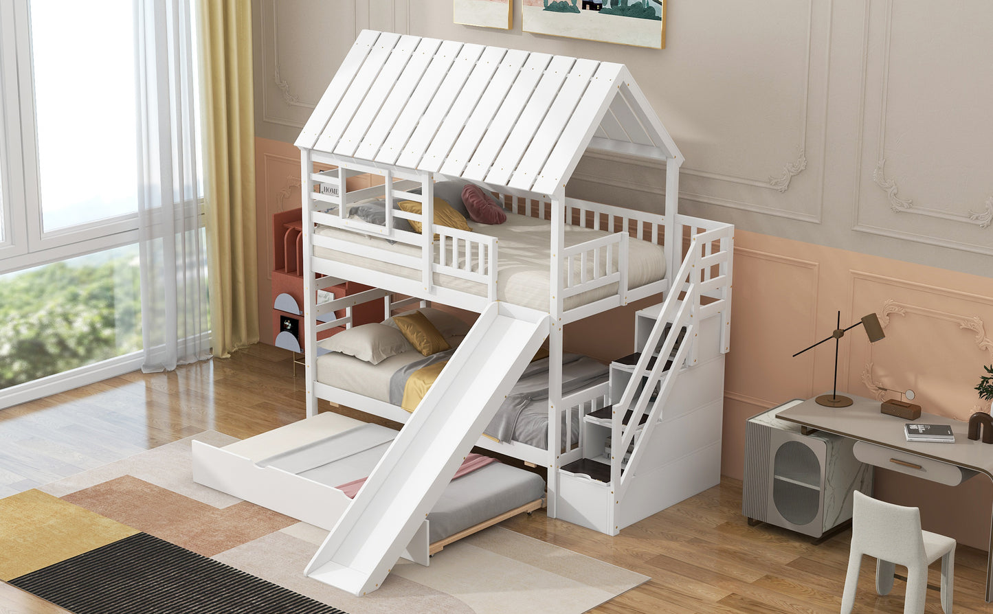 Twin House bunk bed with trundle bed and pull-out storage stairs.