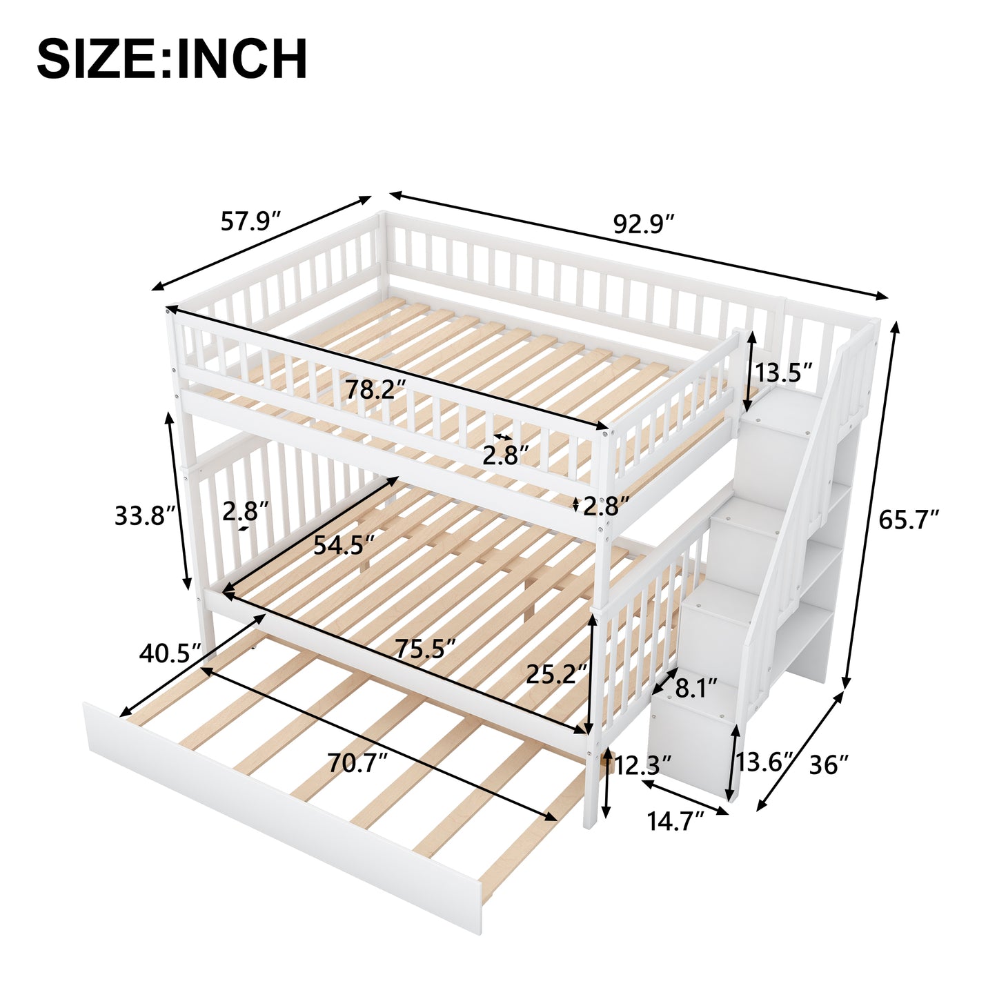 Full bed with trundle bed and white staircase