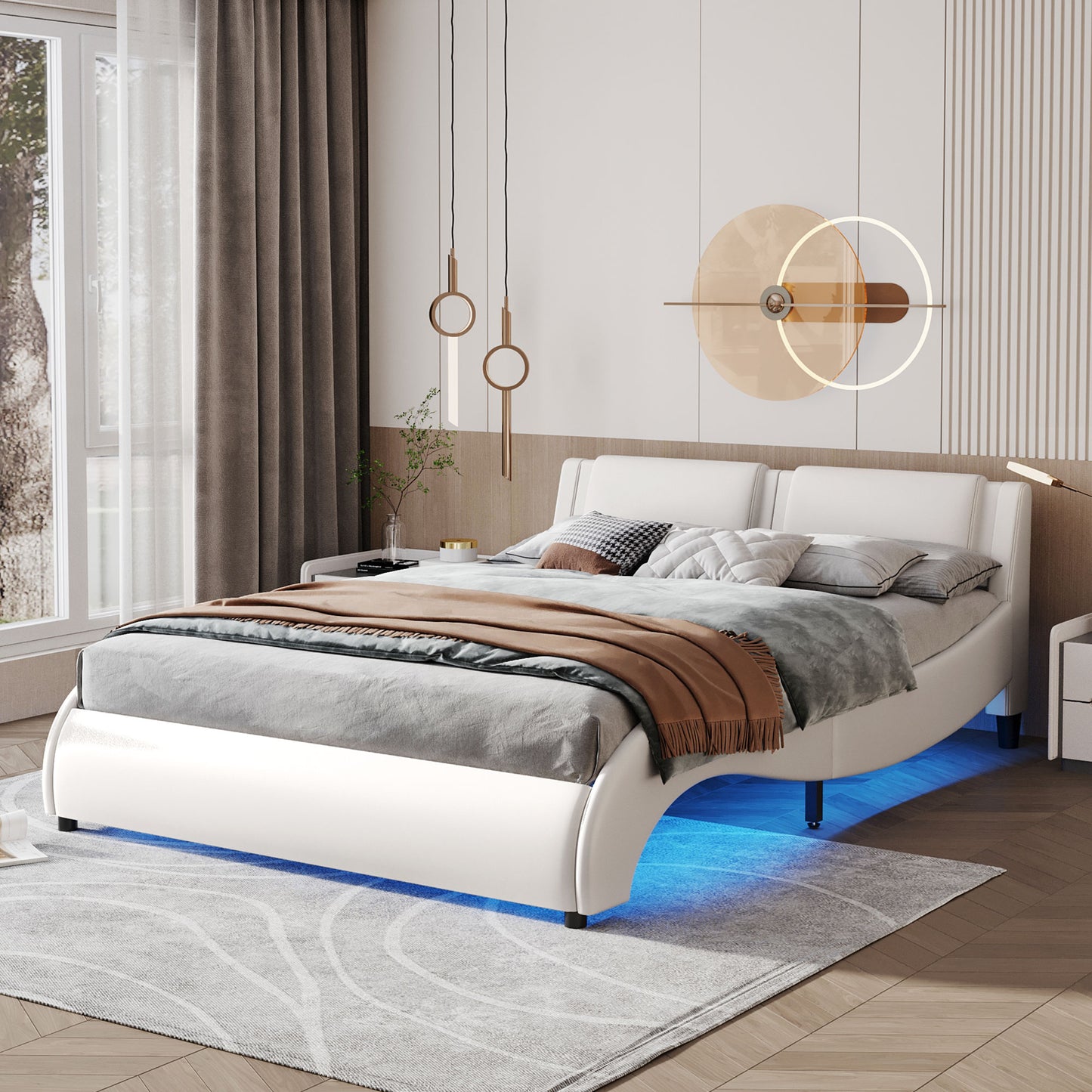 Queen Size Upholstered Faux Leather Platform Bed with Lighted Bed Frame.