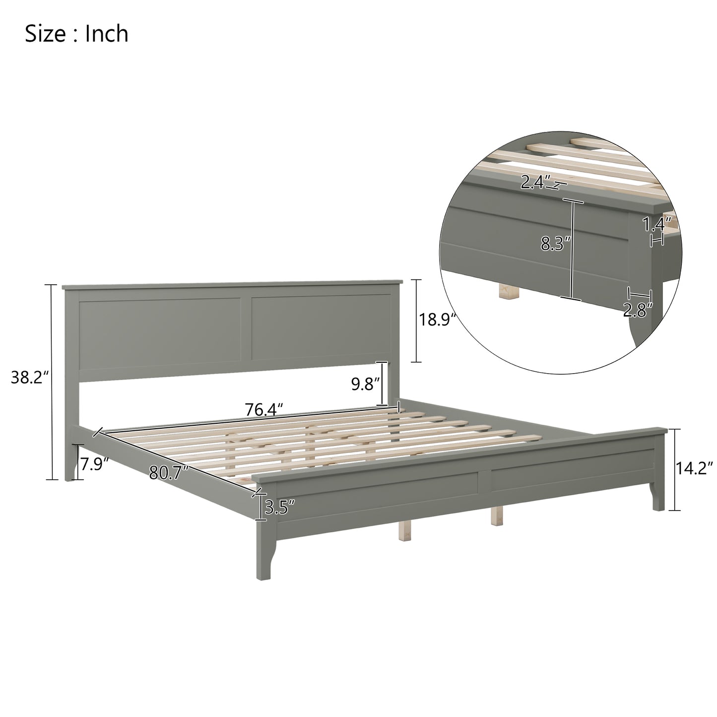 Cama King moderna de madera maciza gris con plataforma