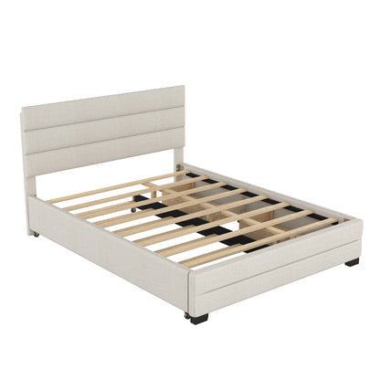 Cama Queen tapizada con plataforma, cama nido doble y dos cajones en color beige