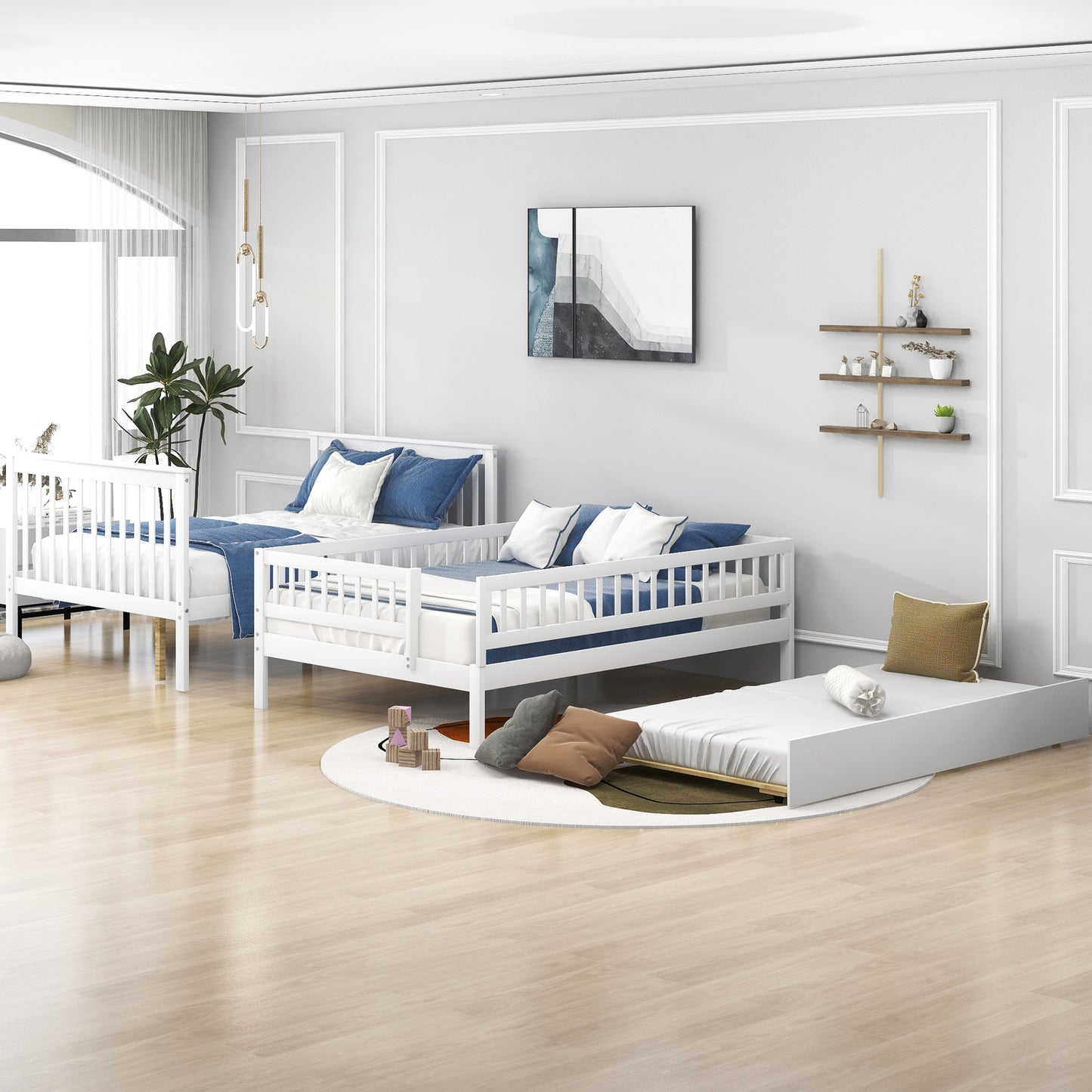 Cama matrimonial con cama nido y escalera blanca