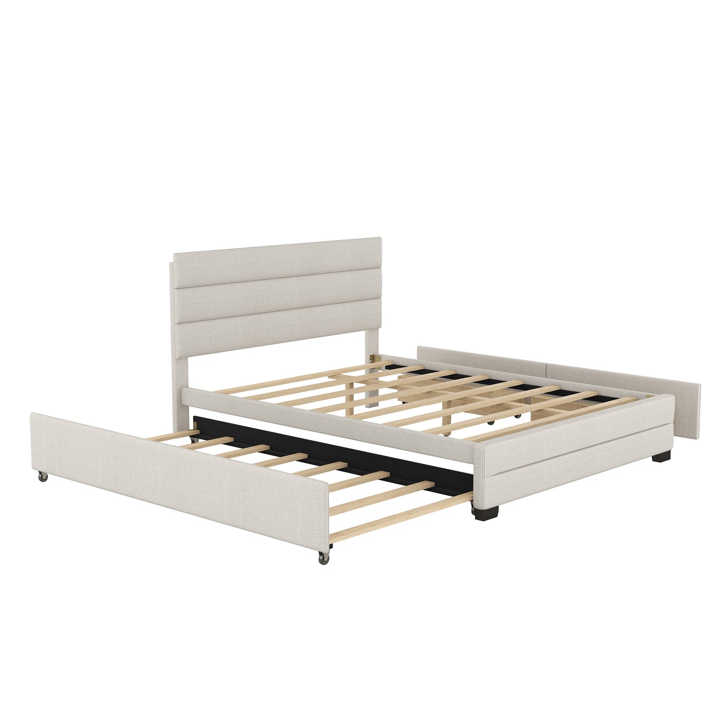 Cama Queen tapizada con plataforma, cama nido doble y dos cajones en color beige