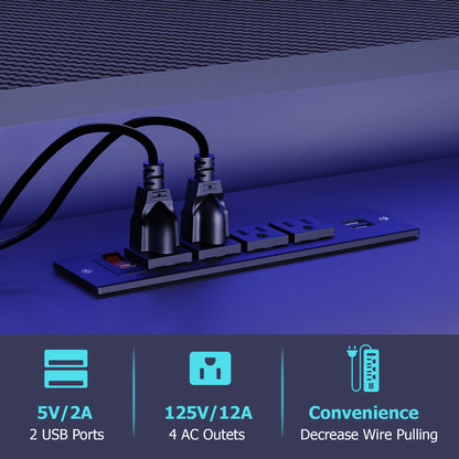 Meuble TV avec prises et LED intégrées.