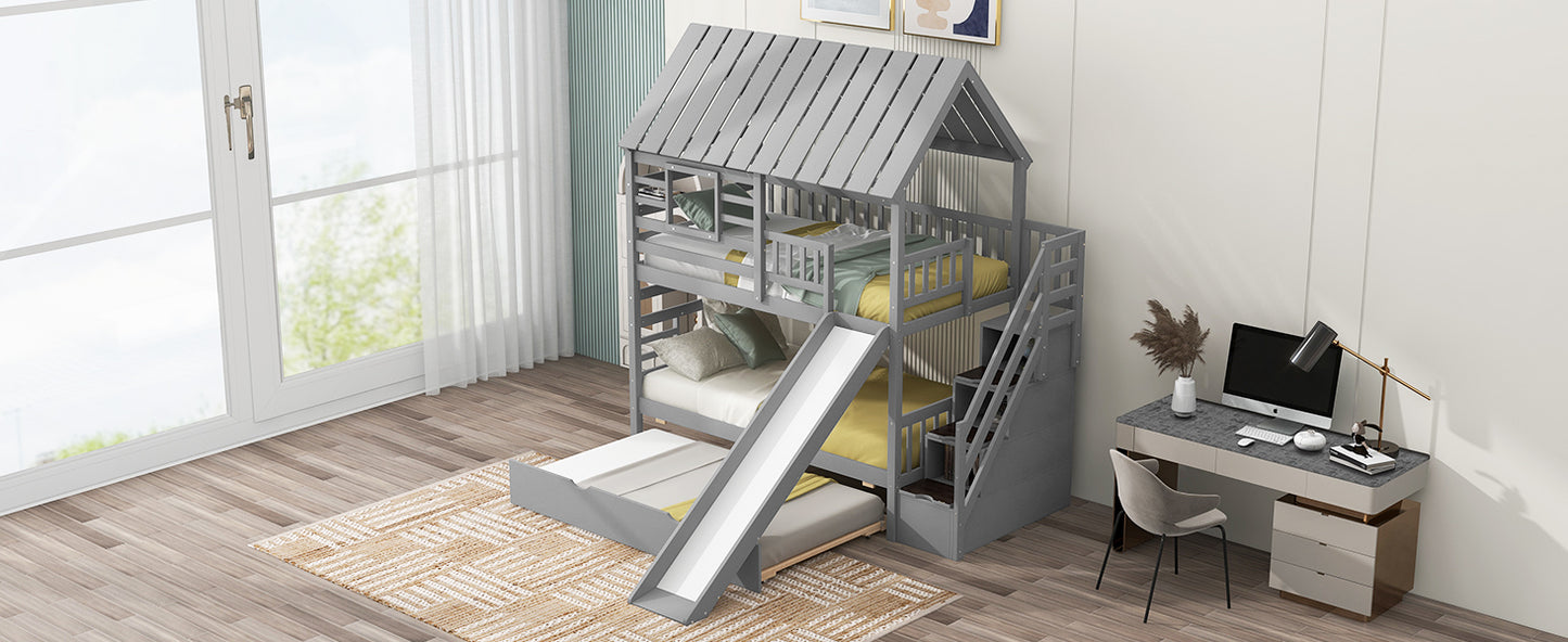 Twin House bunk bed with truncated and sliding storage staircase.