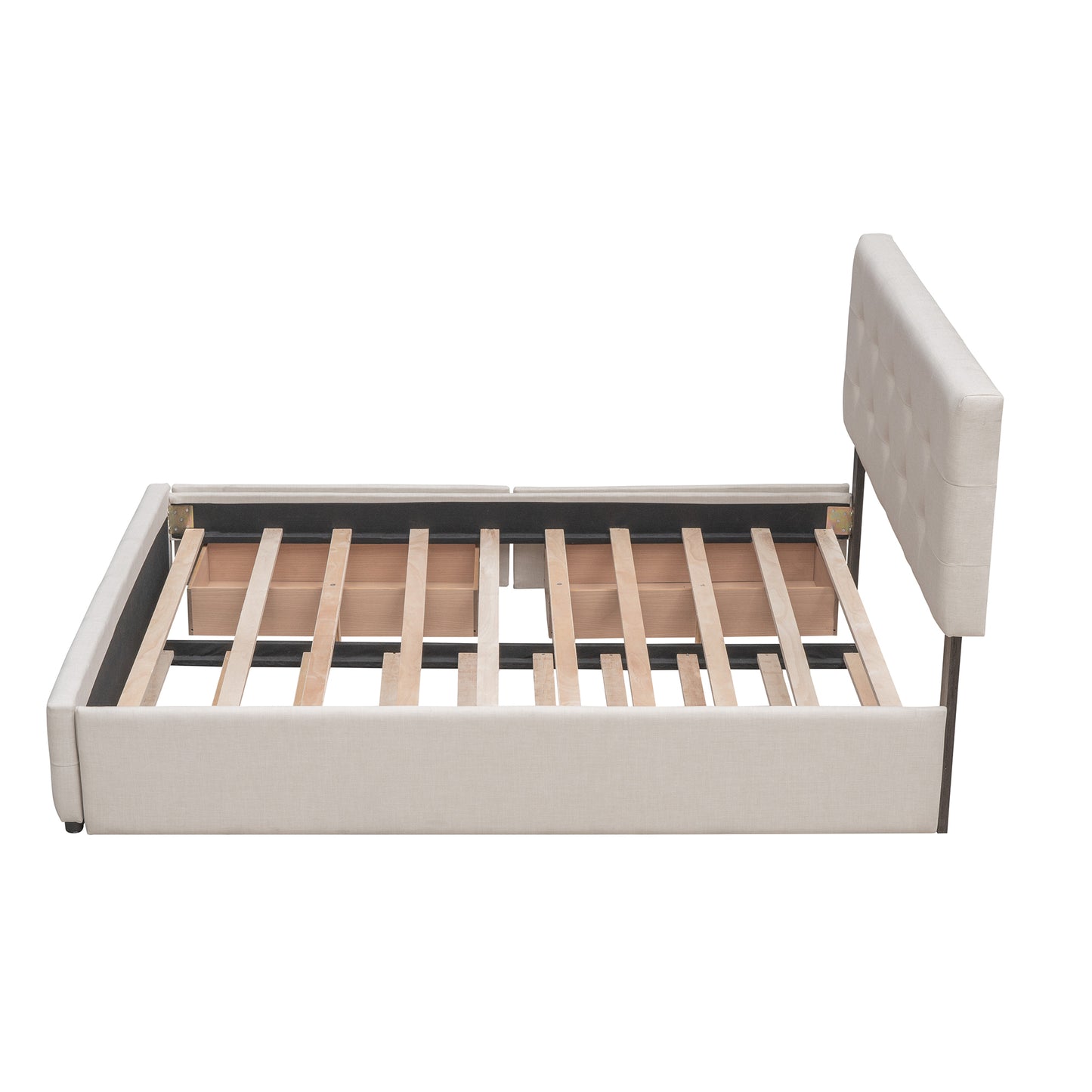 Upholstered Platform Bed with 2 Drawers and 1 Trundle Bed Single XL in Queen Size Linen Fabric - Dark Beige