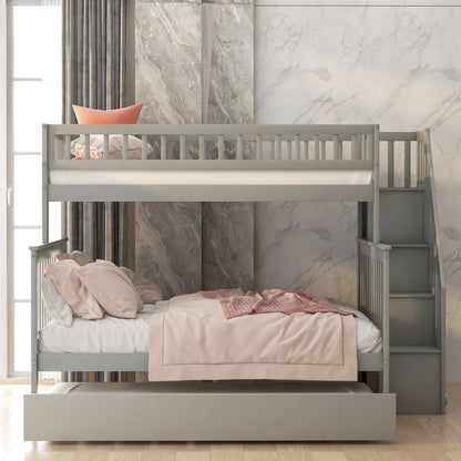 Bunk Bed with Trundle and Staircase Gray