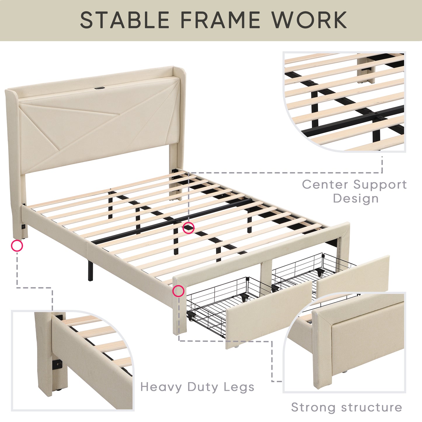 Full size bed frame with 2 drawers.