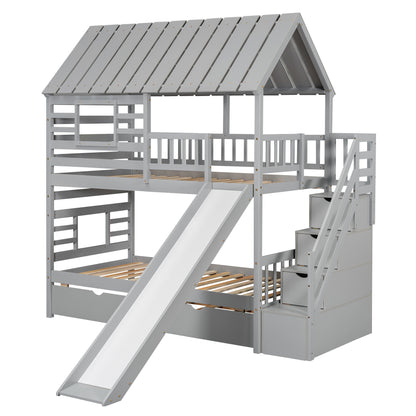 Twin House bunk bed with truncated and sliding storage staircase.