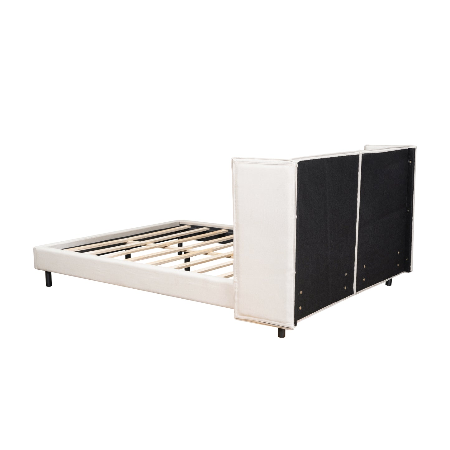 Cama Queen Size con plataforma tapizada, luces LED y cabecero en forma de U, tela de lino, color beige