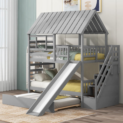 Twin House bunk bed with truncated and sliding storage staircase.