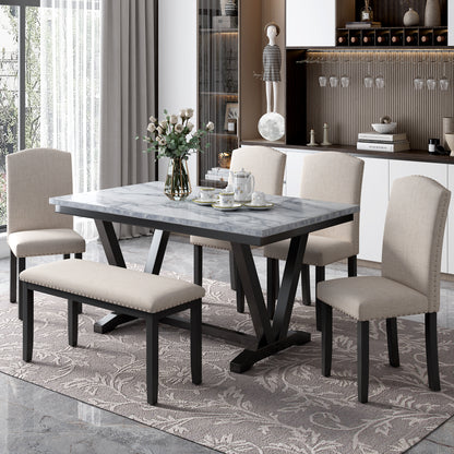 Modern Style Dining Table Set with 4 Chairs and 1 Bench (6 Pieces)