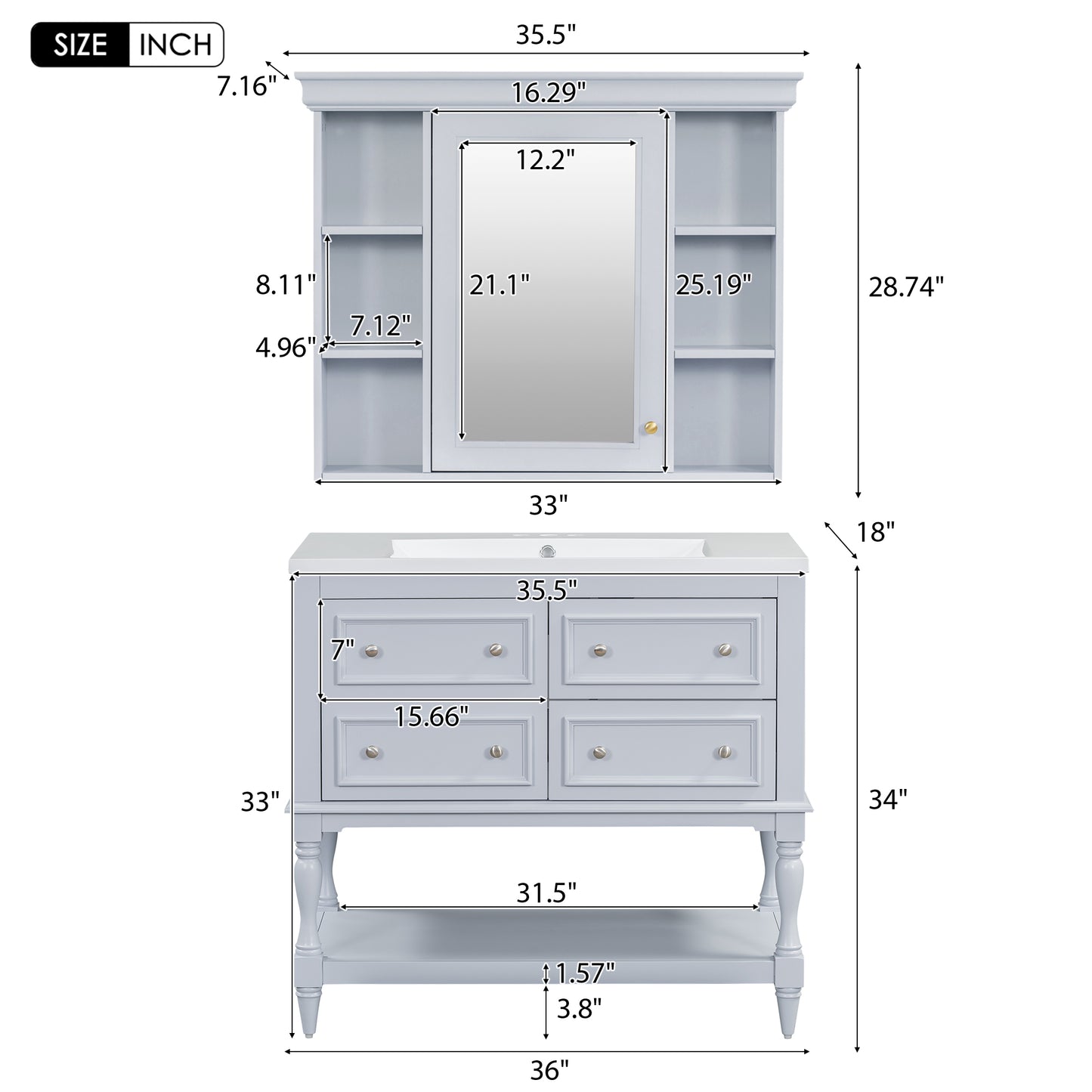 36" bathroom vanity with medicine cabinet.