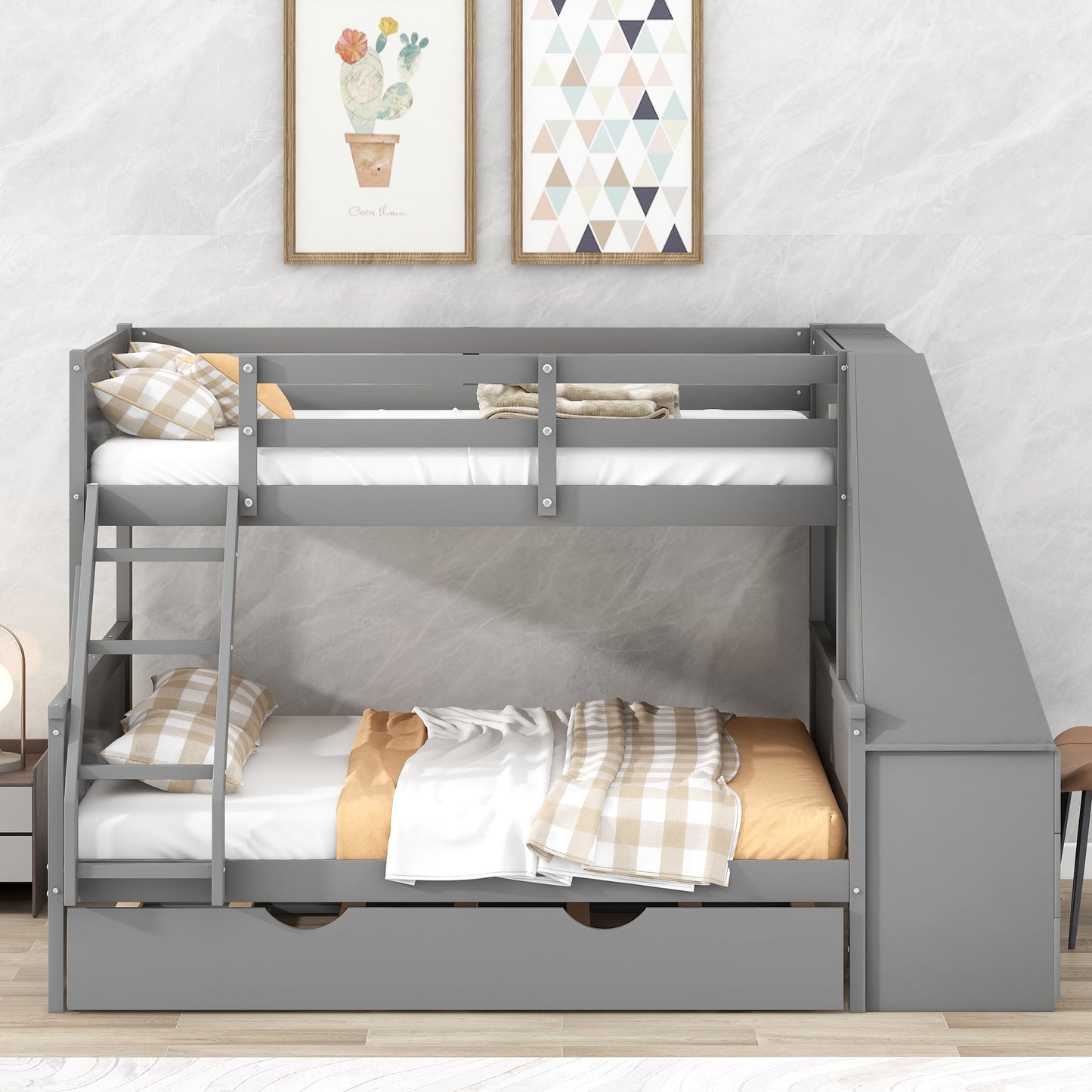 Double bed over full bunk bed with built-in tronde and desk, three storage drawers.