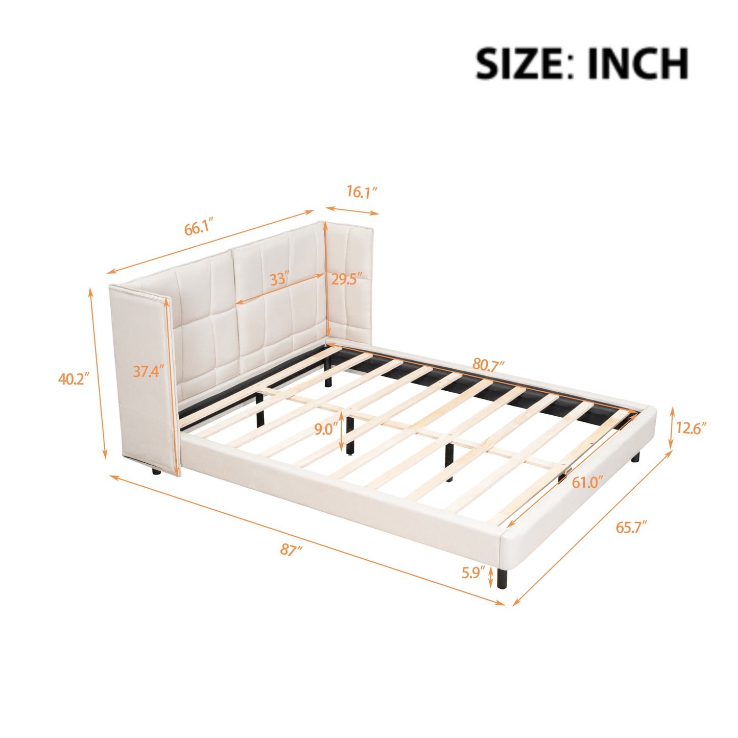 Cama Queen Size con plataforma tapizada, luces LED y cabecero en forma de U, tela de lino, color beige