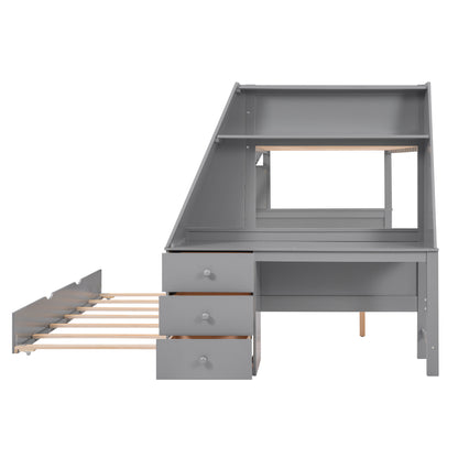 Double bed over full bunk bed with built-in tronde and desk, three storage drawers.