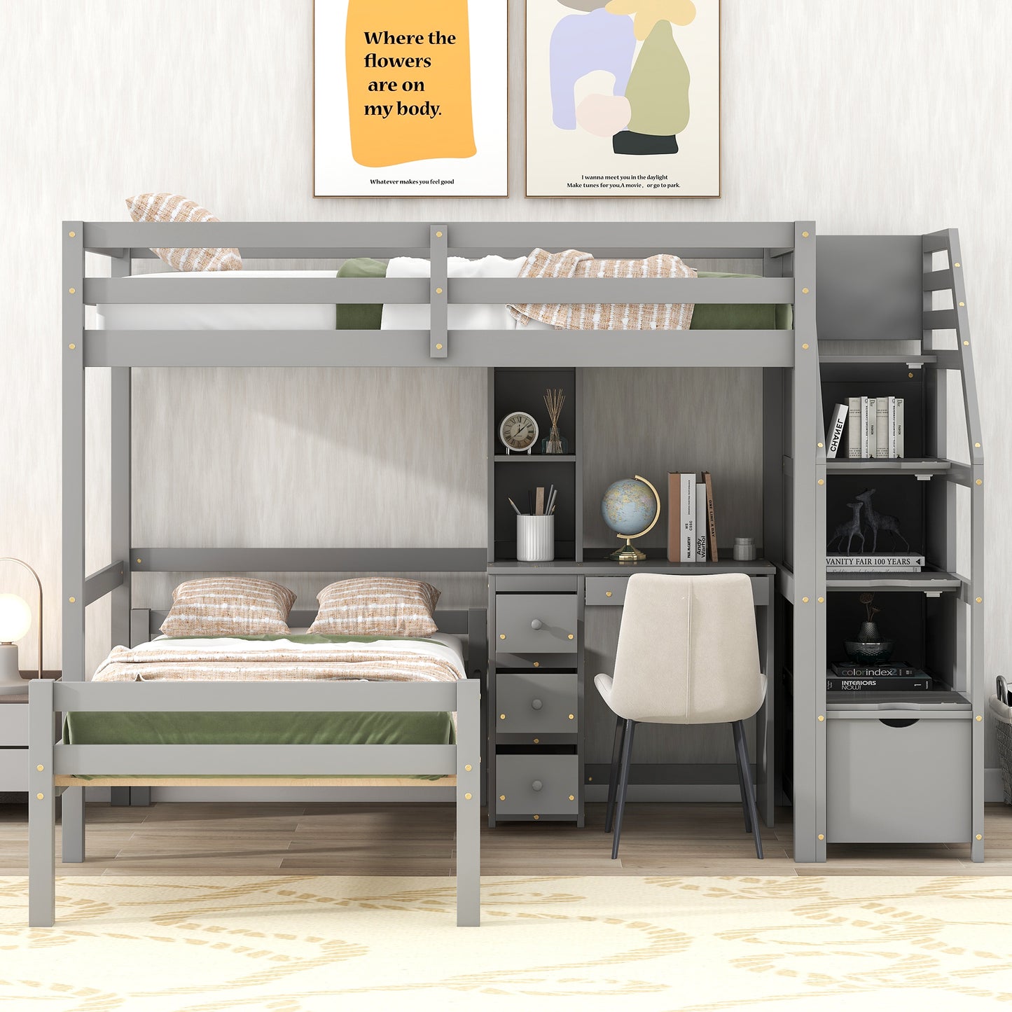 Double loft bed with freestanding bed, storage staircase + desk.