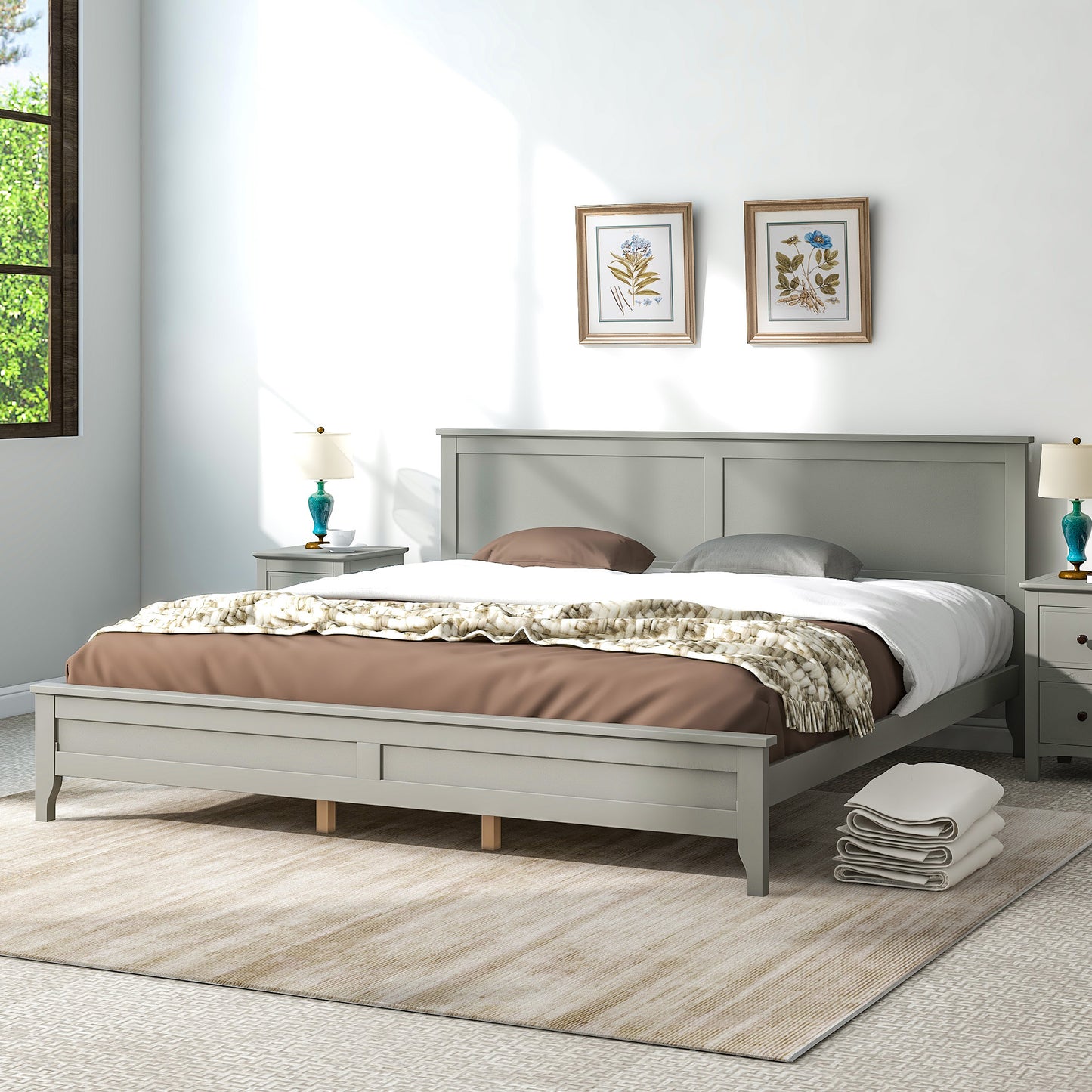 Modern Grey Solid Wood King Platform Bed