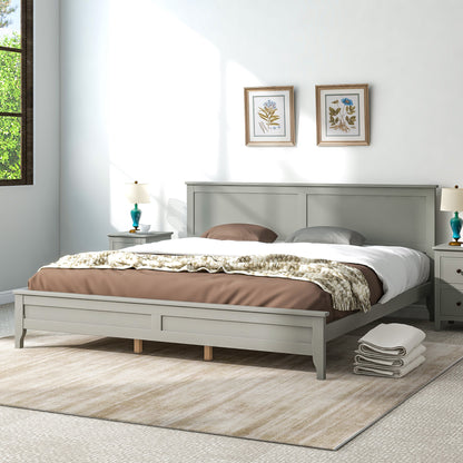 Cama King moderna de madera maciza gris con plataforma