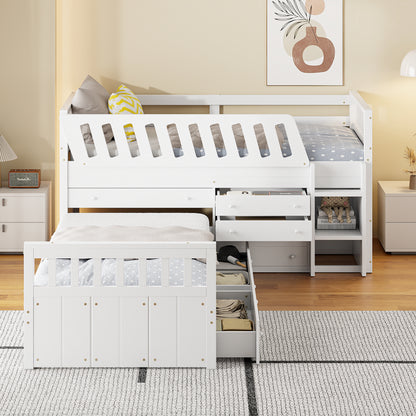 L-shaped double loft bed with 7 drawers and full guardrails.