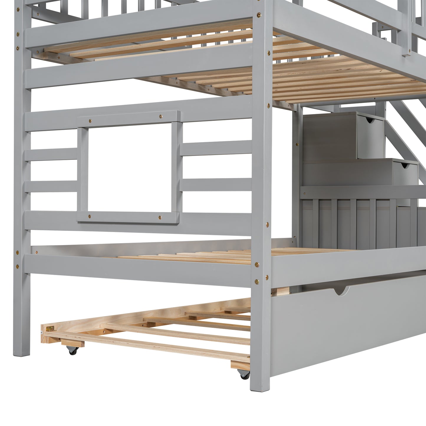 Twin House bunk bed with truncated and sliding storage staircase.