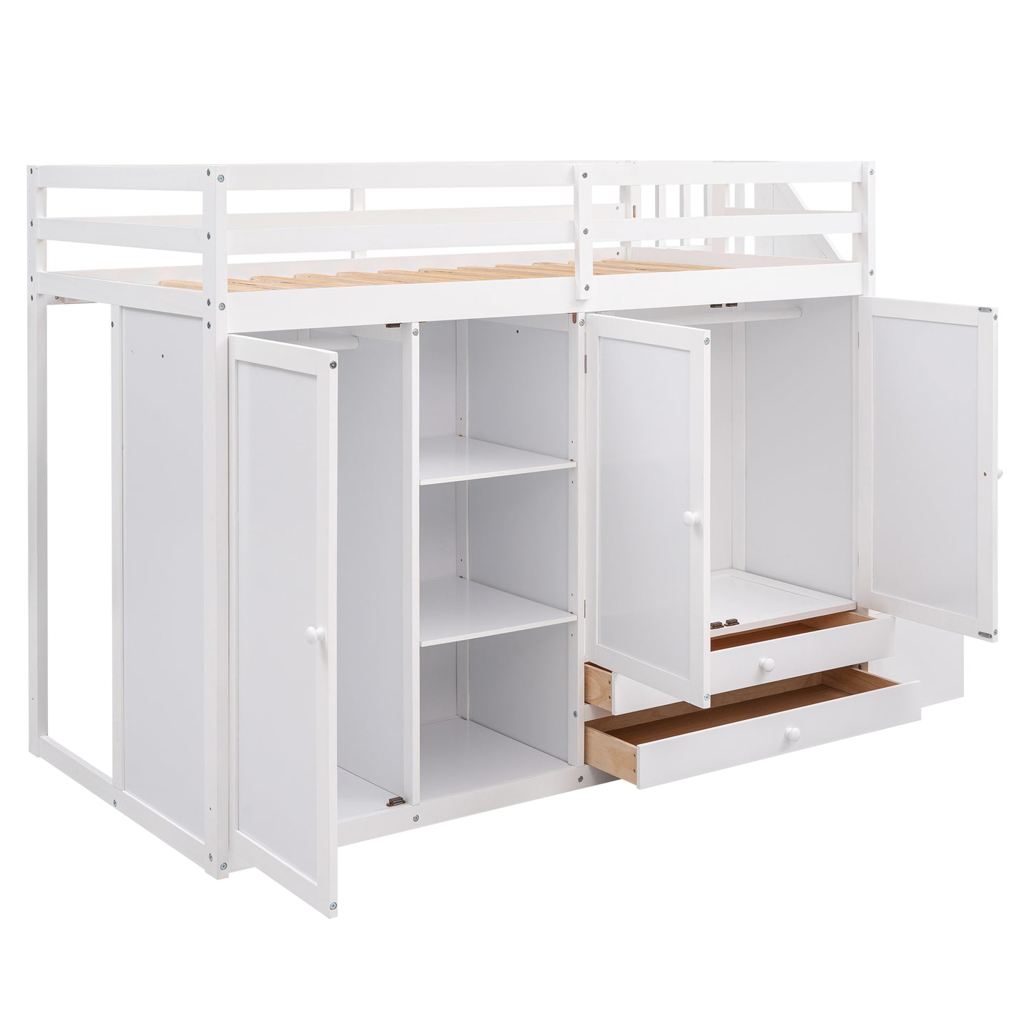 Functional loft bed with 3 shelves, 2 wardrobes and 2 drawers, ladder with storage.