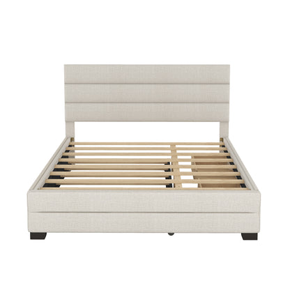 Cama Queen tapizada con plataforma, cama nido doble y dos cajones en color beige