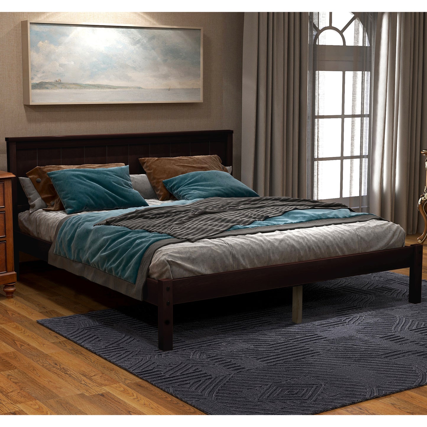 Platform bed frame with headboard.