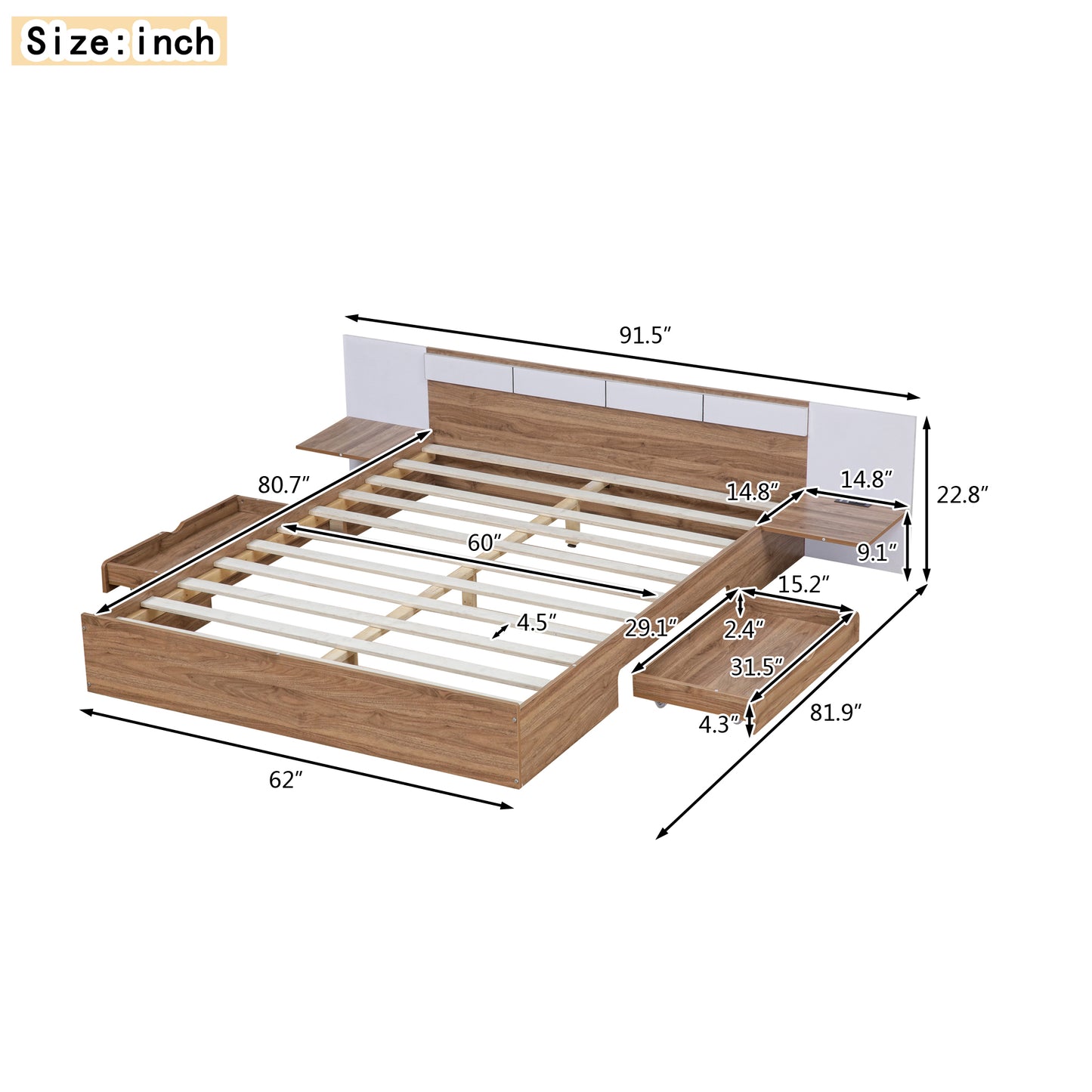 Cama Queen Size con plataforma, cabecero, cajones, estantes, puertos USB y enchufes, color natural