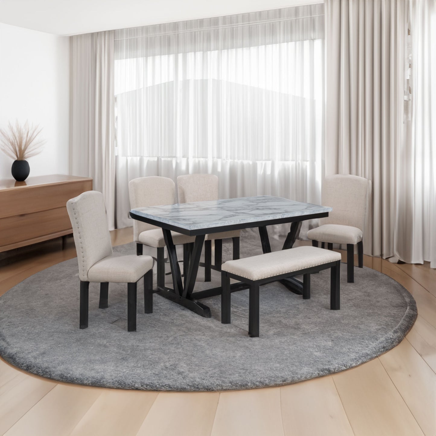 Modern Style Dining Table Set with 4 Chairs and 1 Bench (6 Pieces)